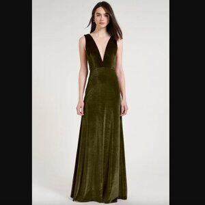 Jenny Yoo Bridesmaid Dress Logan Elegant Velvet Evening Olive Green V-Neck